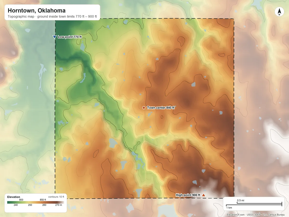 Topographic elevation map of Horntown, Oklahoma, shaded from 770 ft on the northwest side to 900 ft on the southeast side