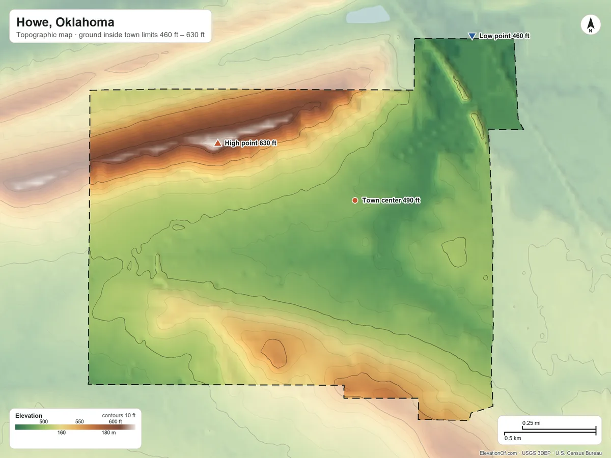 Topographic elevation map of Howe, Oklahoma, shaded from 460 ft on the northeast side to 630 ft on the northwest side