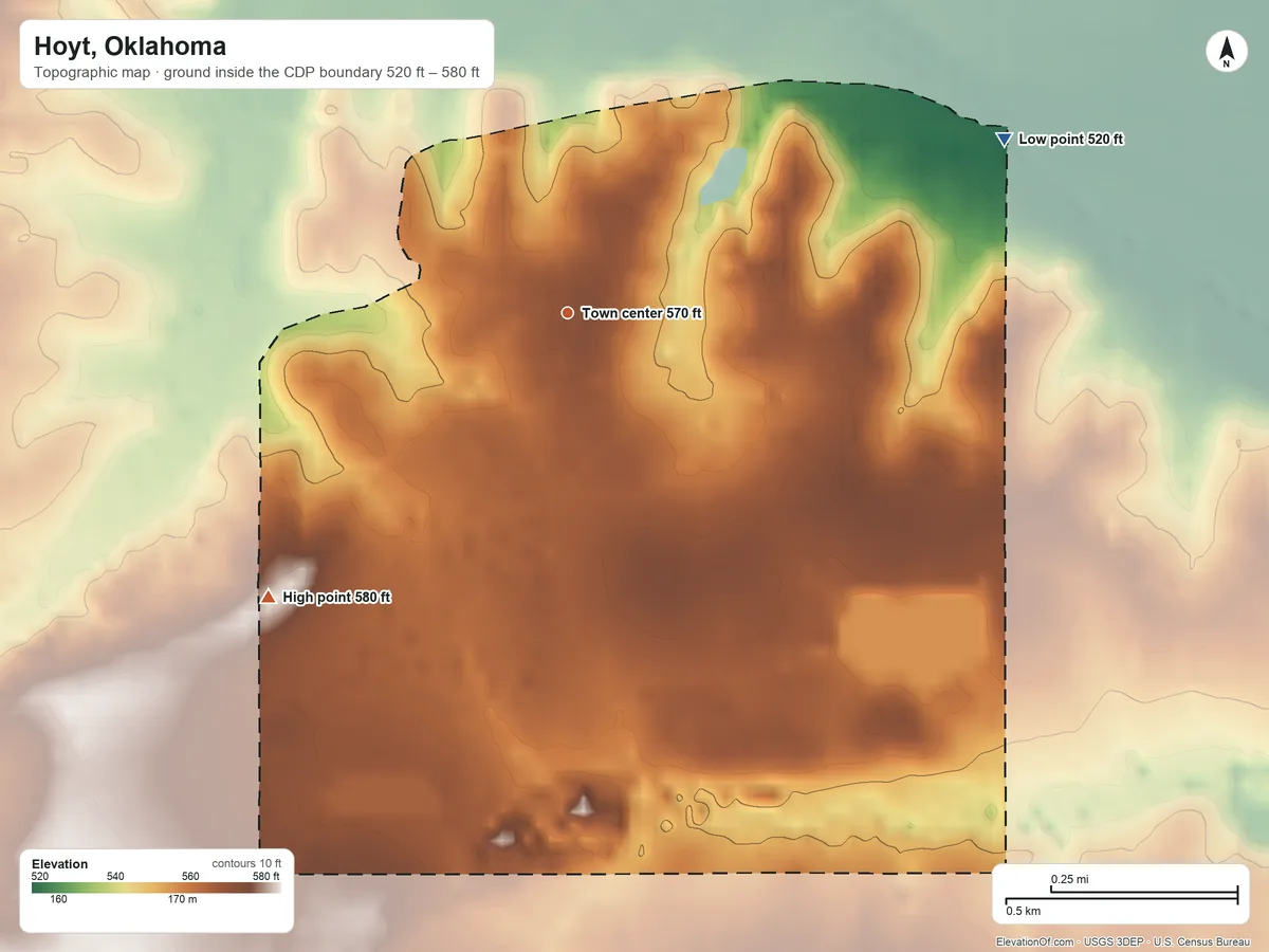 Topographic elevation map of Hoyt, Oklahoma, shaded from 520 ft on the east side to 580 ft on the southwest side