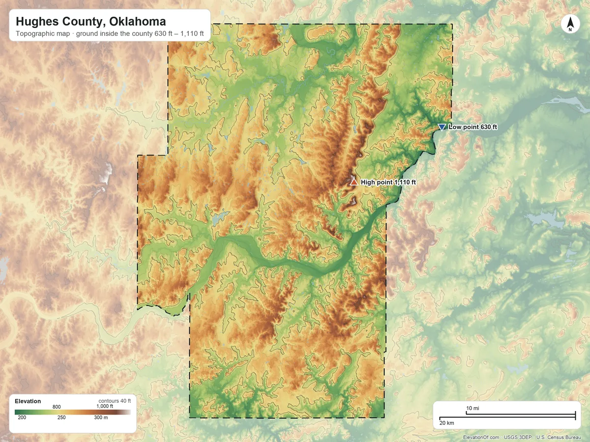 Topographic elevation map of Hughes County, Oklahoma, shaded from 630 ft on the northeast side to 1,110 ft on Lamar Mountain