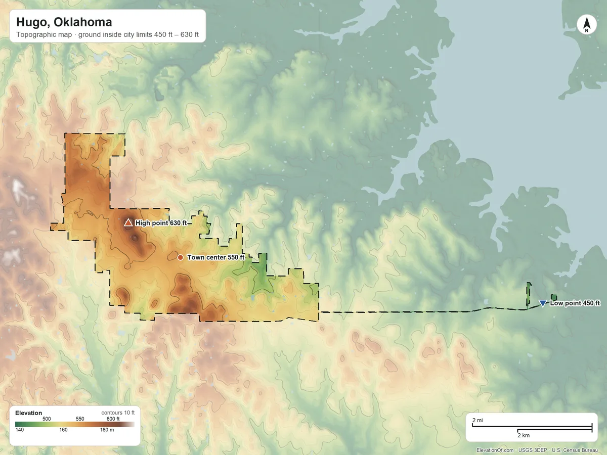 Topographic elevation map of Hugo, Oklahoma, shaded from 450 ft on the east side to 630 ft on the northwest side