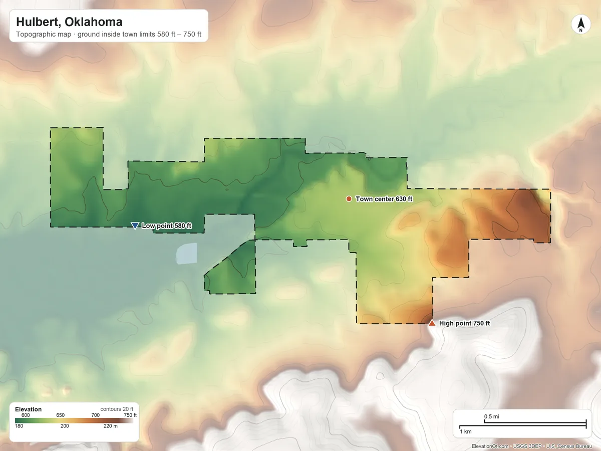 Topographic elevation map of Hulbert, Oklahoma, shaded from 580 ft on the west side to 750 ft on the southeast side