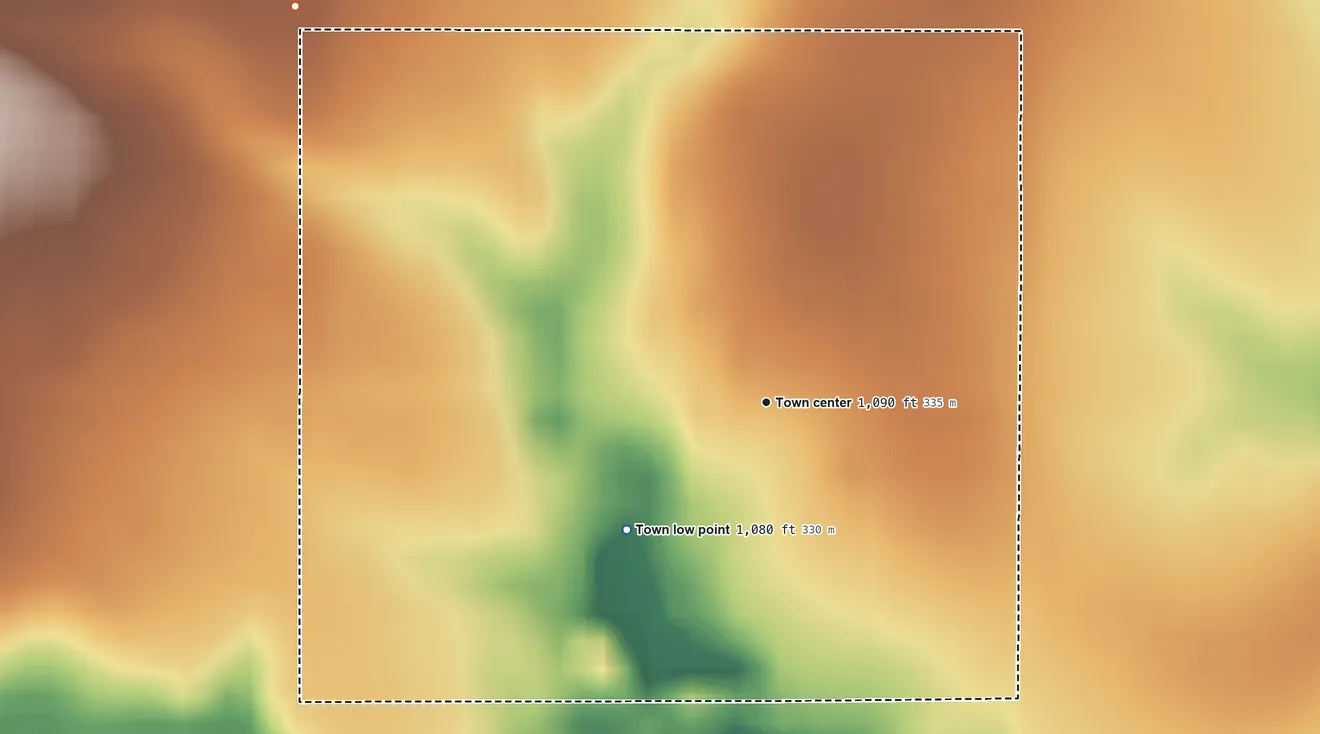 Topographic elevation map of Hunter, Oklahoma, shaded from 1,080 ft on the southwest side to 1,100 ft on the northwest side