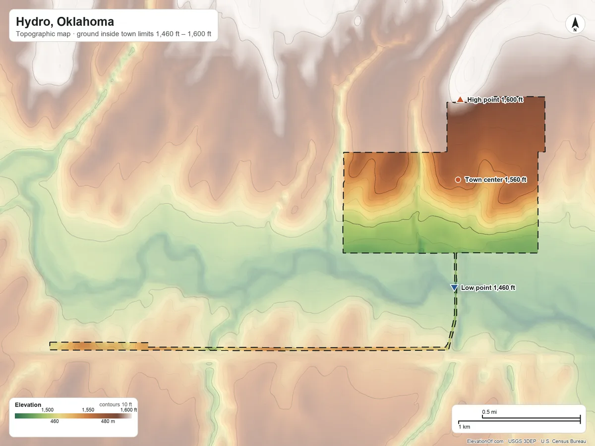 Topographic elevation map of Hydro, Oklahoma, shaded from 1,460 ft on the south side to 1,600 ft on the north side