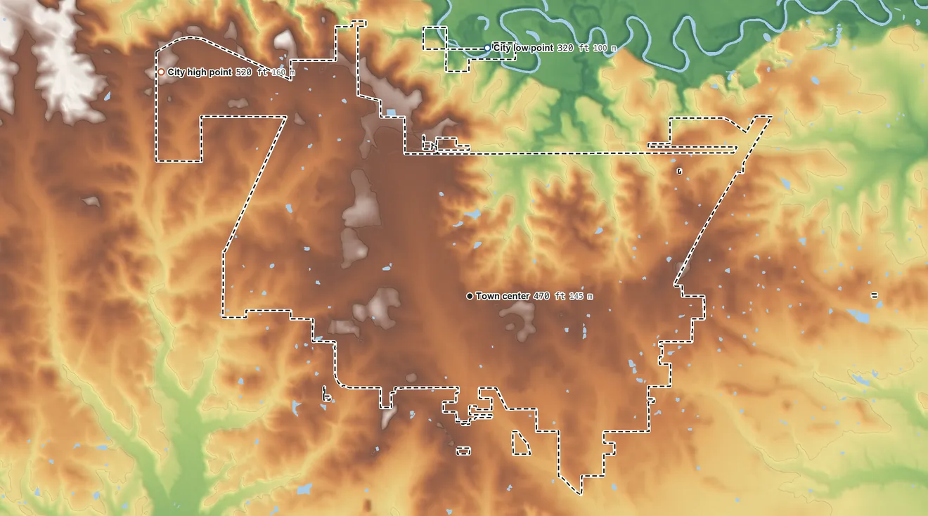 Topographic elevation map of Idabel, Oklahoma, shaded from 320 ft on the north side to 520 ft on the northwest side