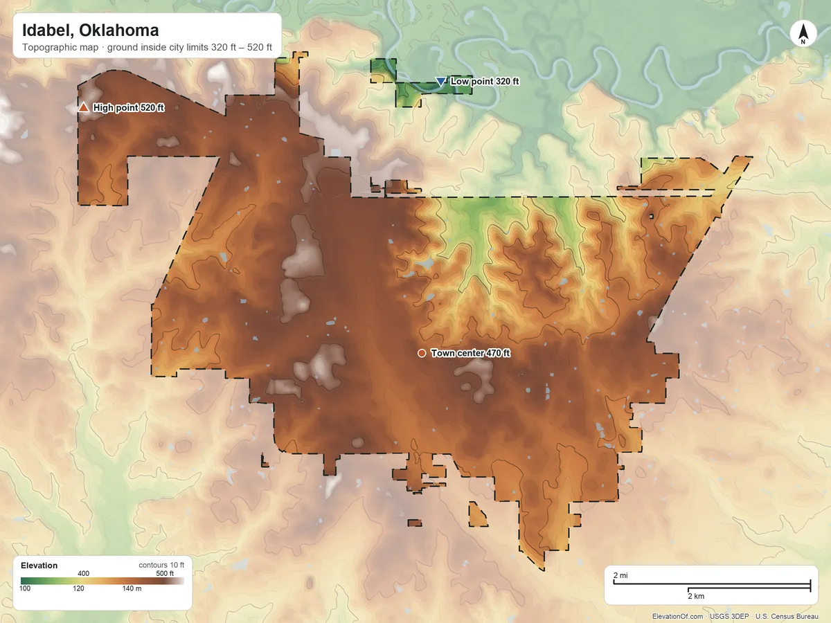 Topographic elevation map of Idabel, Oklahoma, shaded from 320 ft on the north side to 520 ft on the northwest side
