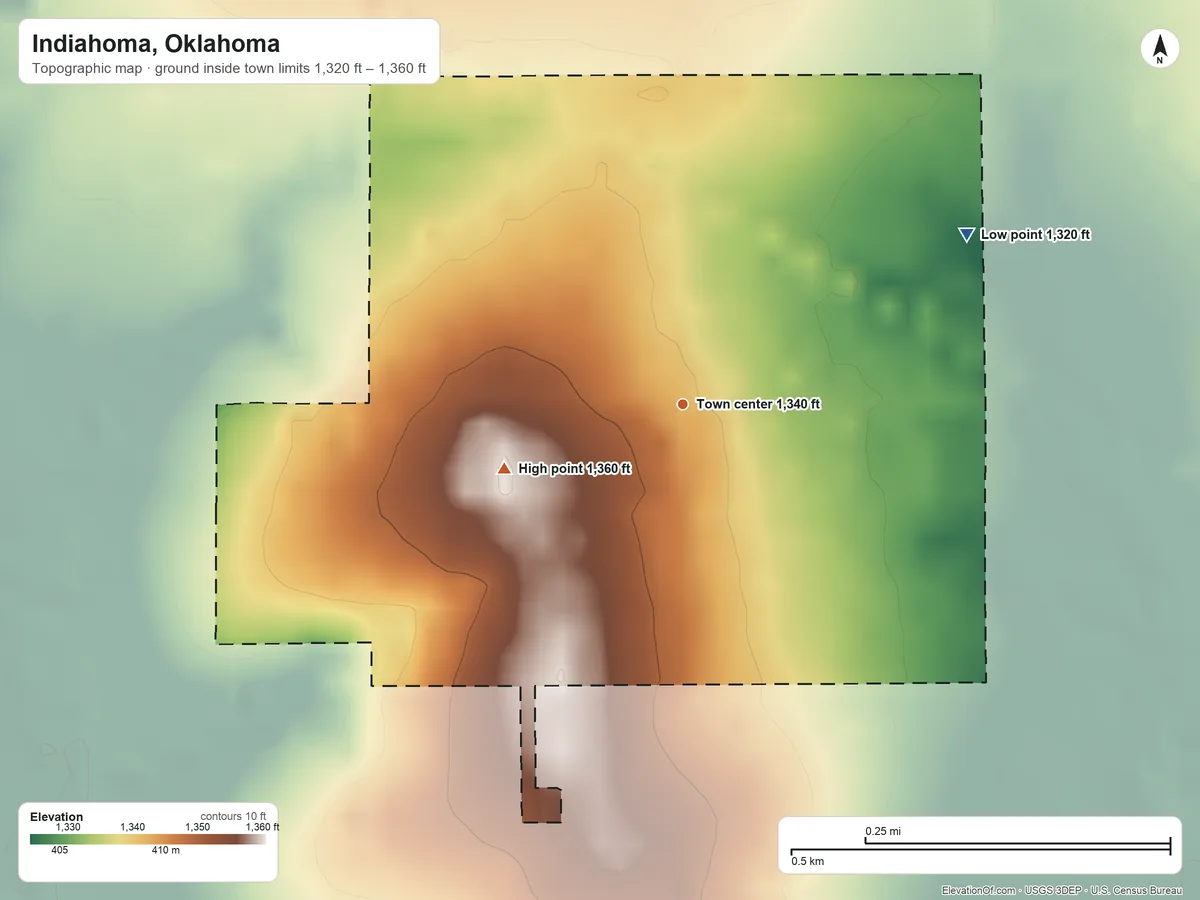 Topographic elevation map of Indiahoma, Oklahoma, shaded from 1,320 ft on the northeast side to 1,360 ft on the west side