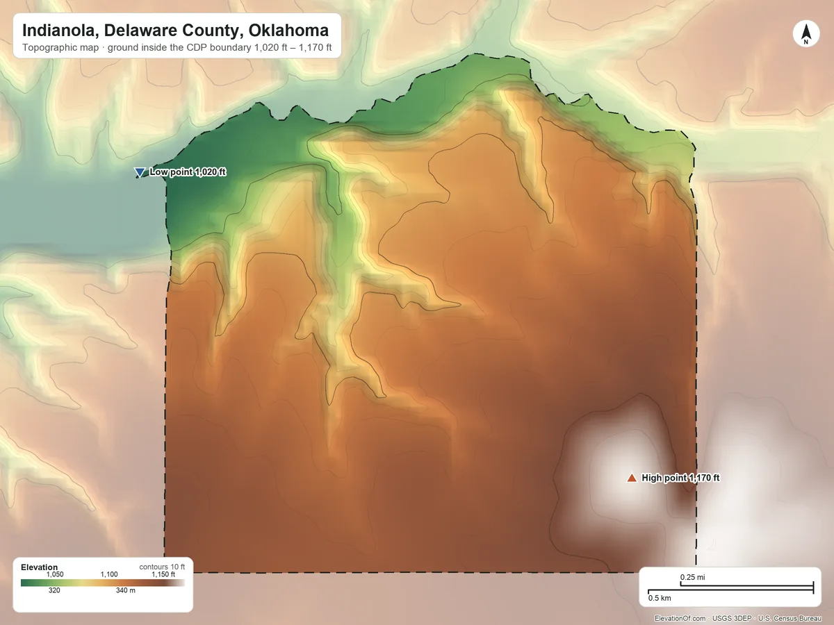 Topographic elevation map of Indianola, Delaware County, Oklahoma, shaded from 1,020 ft on the northwest side to 1,170 ft on the southeast side