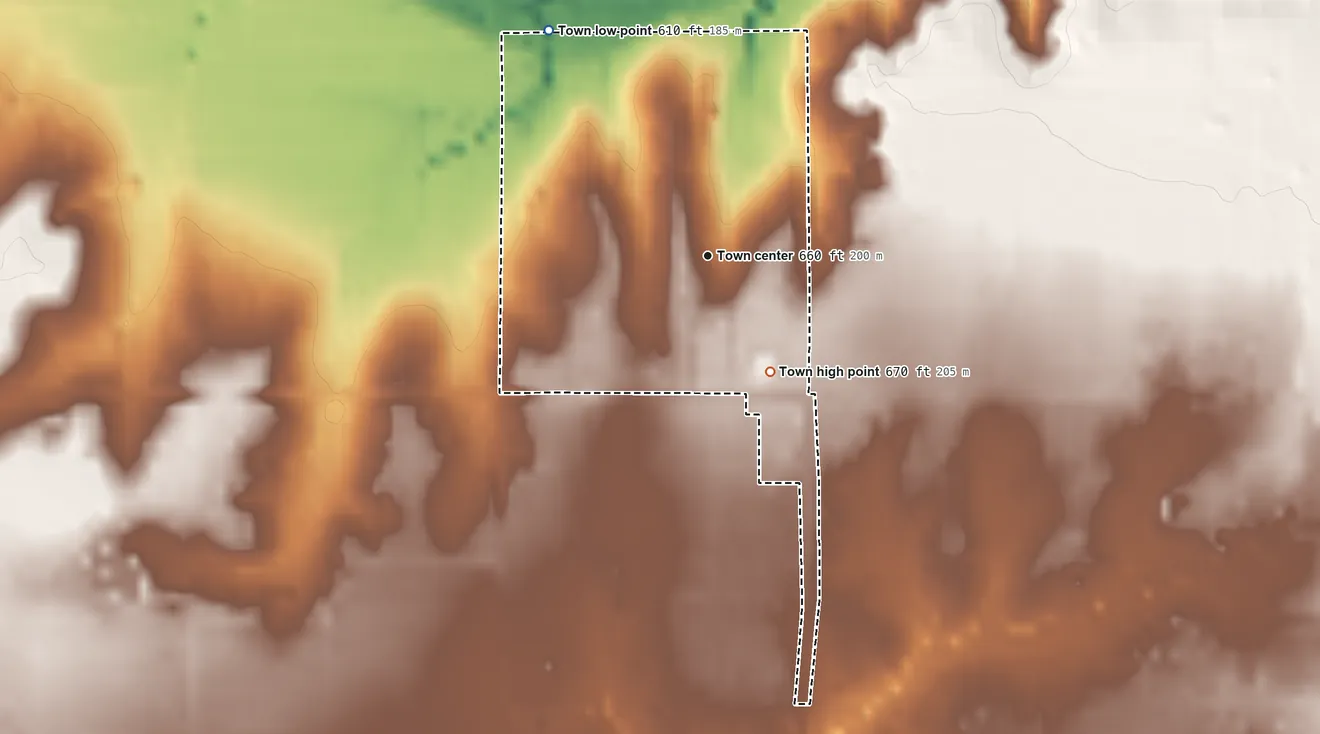 Topographic elevation map of Indianola, Oklahoma, shaded from 610 ft on the northwest side to 670 ft on the southeast side