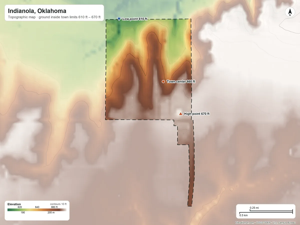 Topographic elevation map of Indianola, Oklahoma, shaded from 610 ft on the northwest side to 670 ft on the southeast side