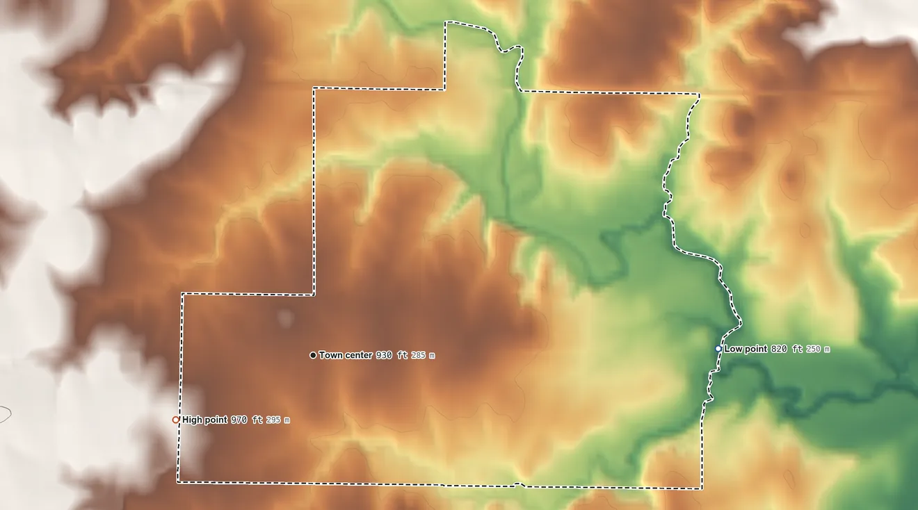 Topographic elevation map of Ingalls, Oklahoma, shaded from 820 ft on the east side to 970 ft on the southwest side