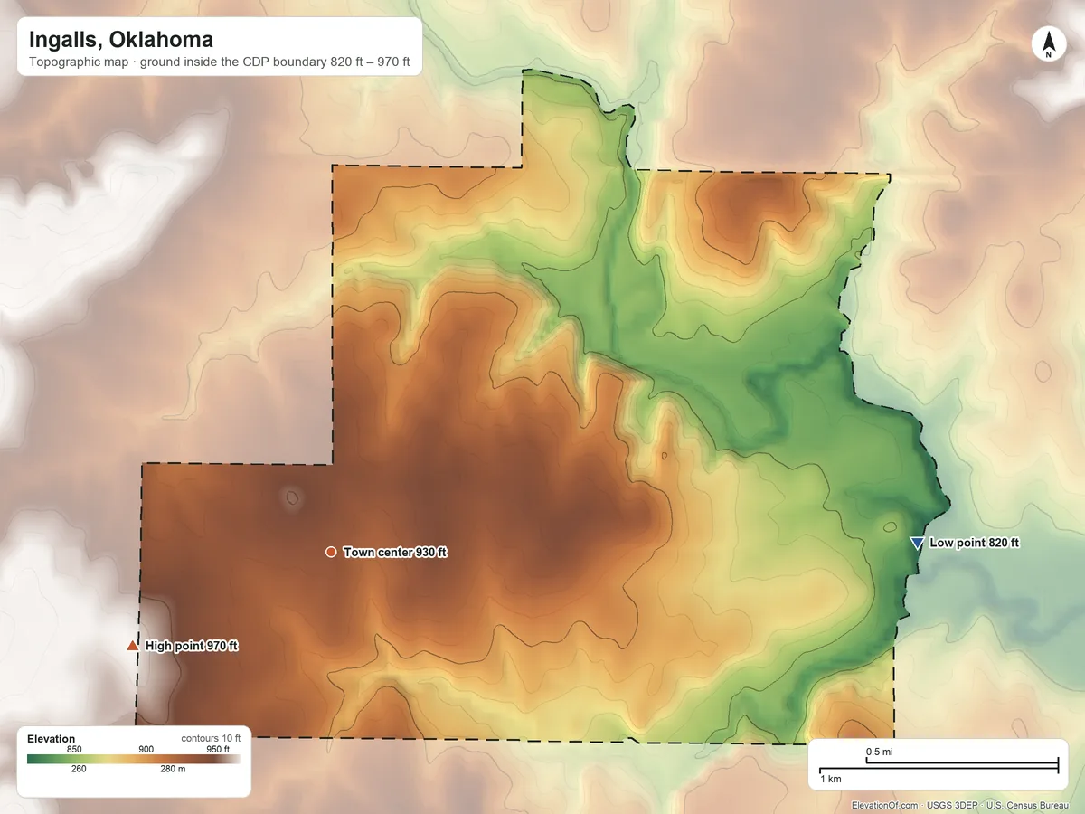Topographic elevation map of Ingalls, Oklahoma, shaded from 820 ft on the east side to 970 ft on the southwest side