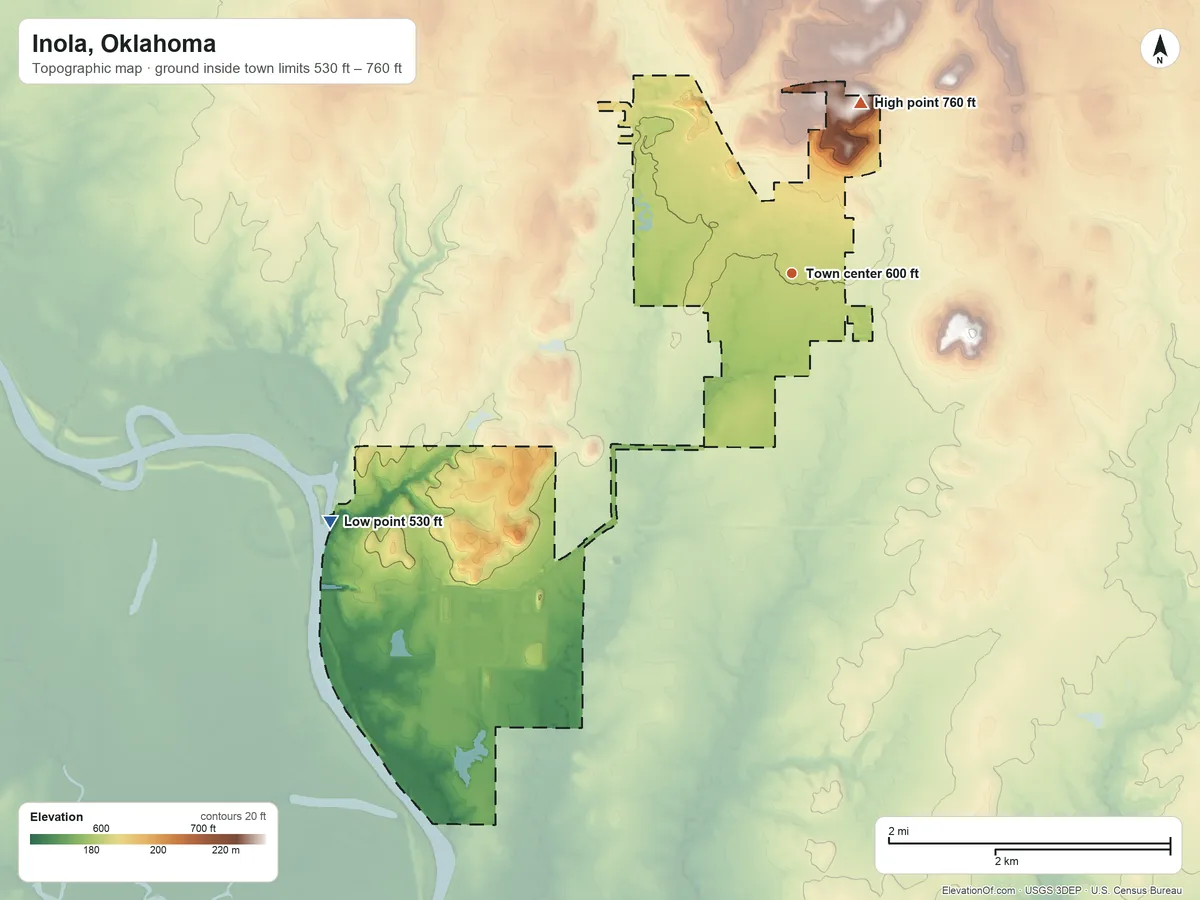 Topographic elevation map of Inola, Oklahoma, shaded from 530 ft on the southwest side to 760 ft on the north side