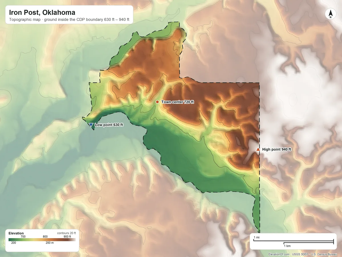 Topographic elevation map of Iron Post, Oklahoma, shaded from 630 ft on the west side to 940 ft on the southeast side