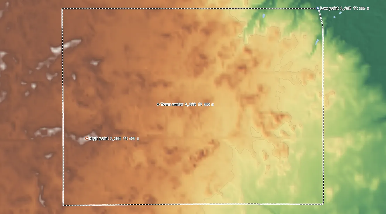 Topographic elevation map of Isabella, Oklahoma, shaded from 1,240 ft on the northeast side to 1,330 ft on the southwest side