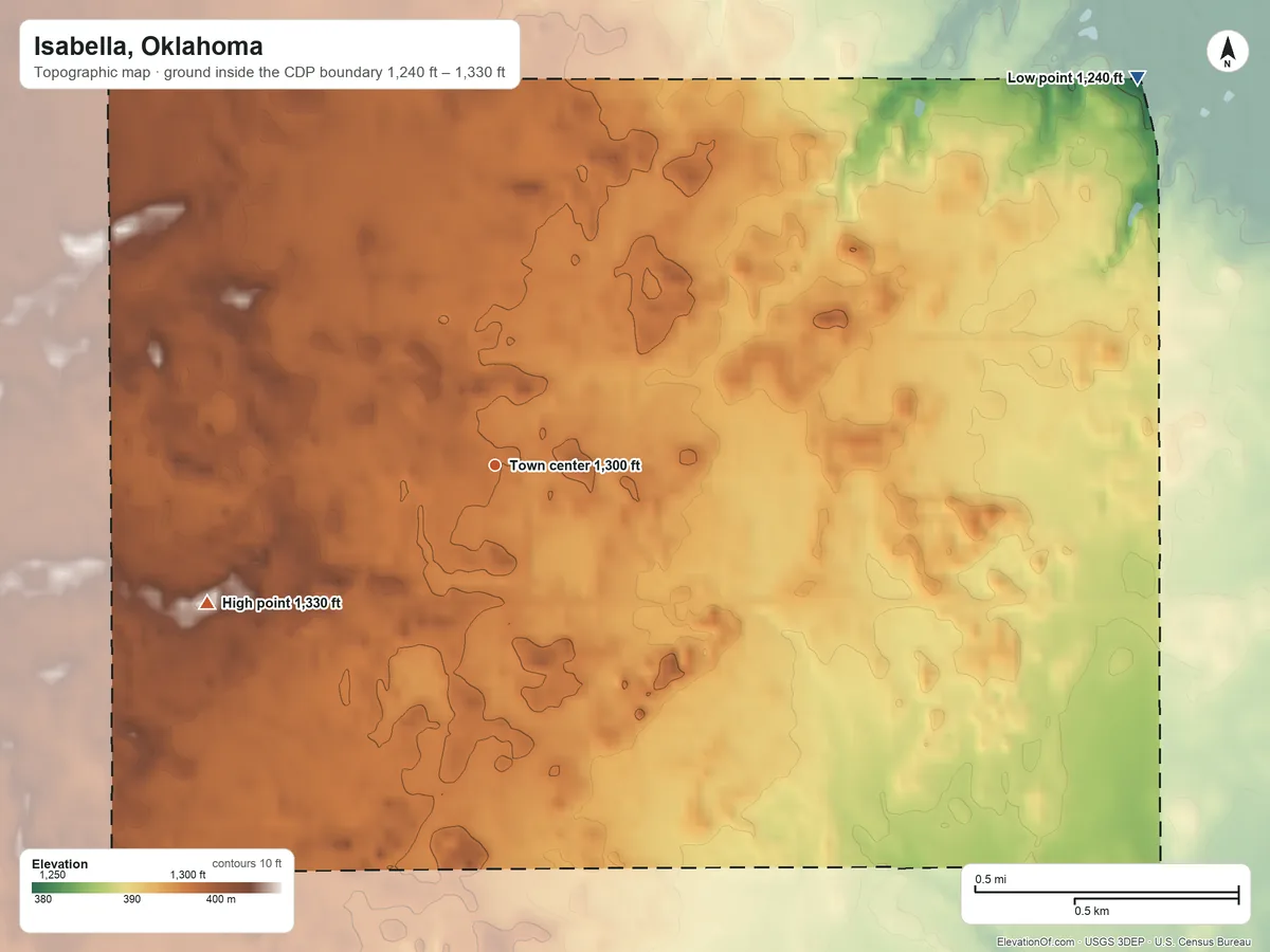 Topographic elevation map of Isabella, Oklahoma, shaded from 1,240 ft on the northeast side to 1,330 ft on the southwest side