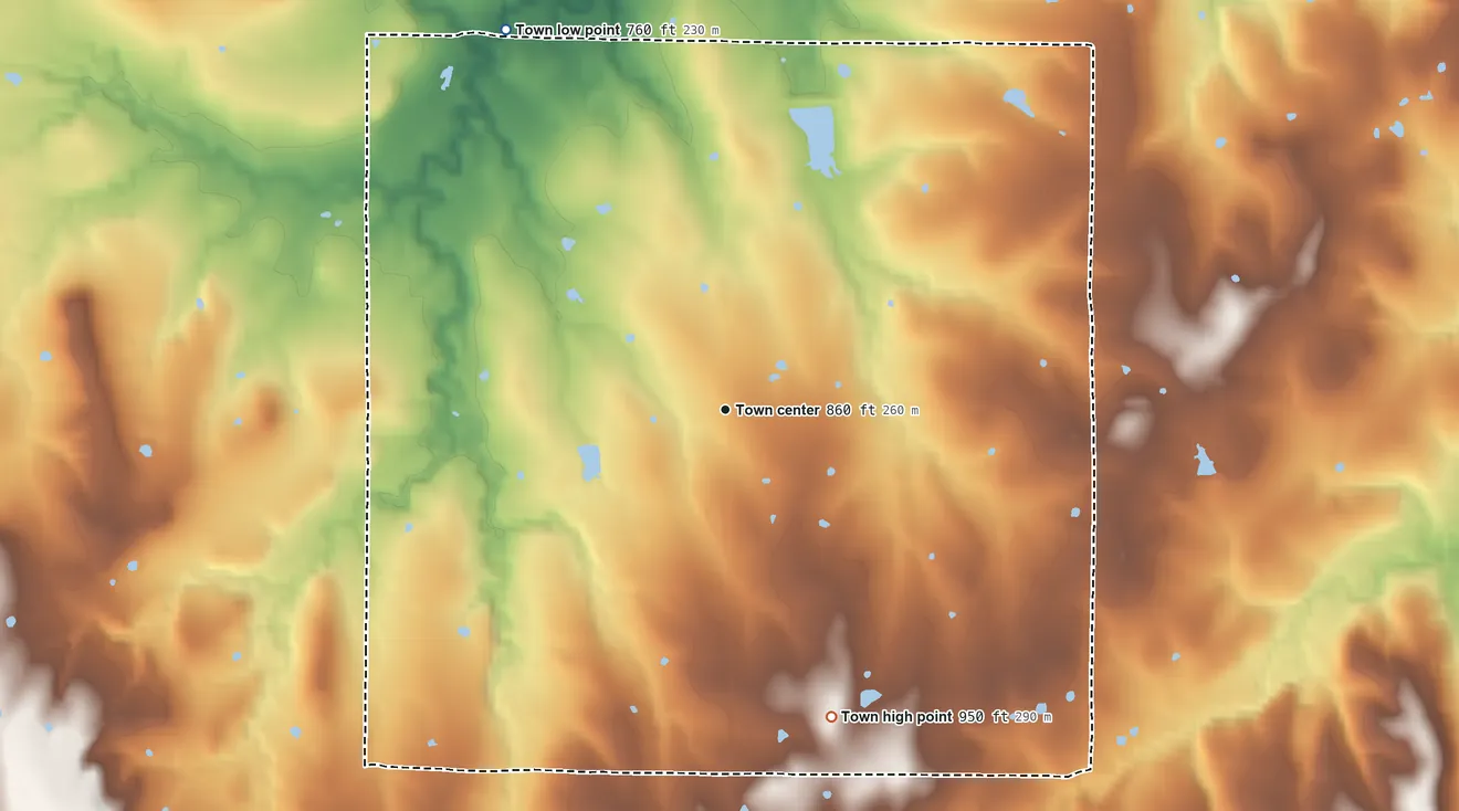 Topographic elevation map of IXL, Oklahoma, shaded from 760 ft on the northwest side to 950 ft on the south side