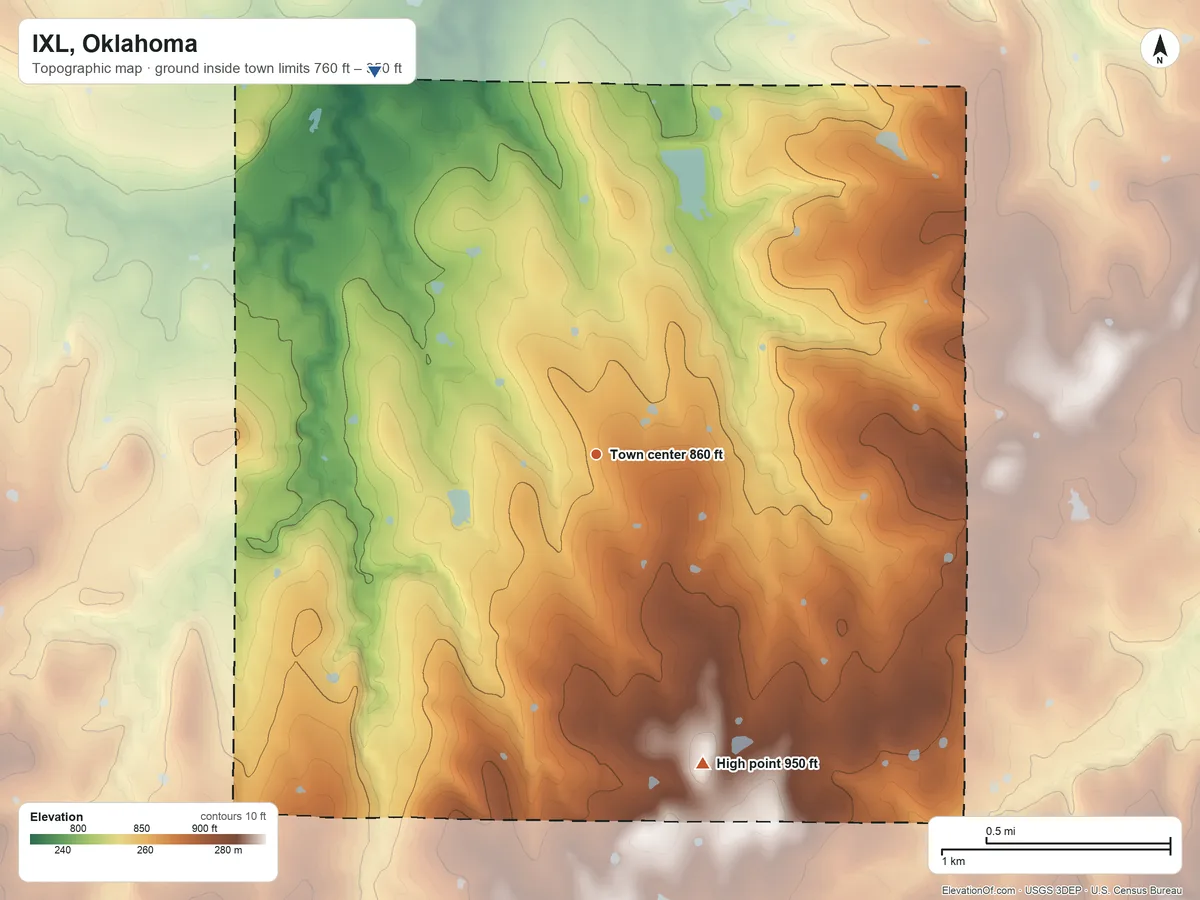 Topographic elevation map of IXL, Oklahoma, shaded from 760 ft on the northwest side to 950 ft on the south side