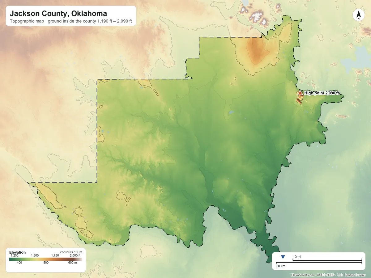 Topographic elevation map of Jackson County, Oklahoma, shaded from 1,190 ft on the southeast side to 2,090 ft on the east side