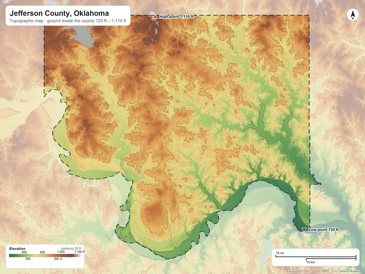 Topographic elevation map of Jefferson County, Oklahoma, shaded from 720 ft on the southeast side to 1,110 ft on the north side