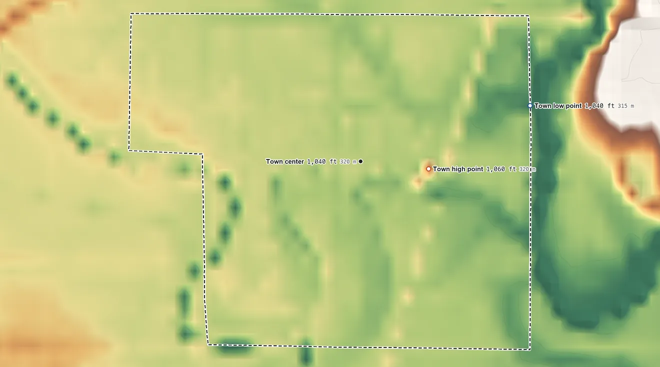 Topographic elevation map of Jefferson, Oklahoma, shaded from 1,040 ft on the east side to 1,060 ft on the east side