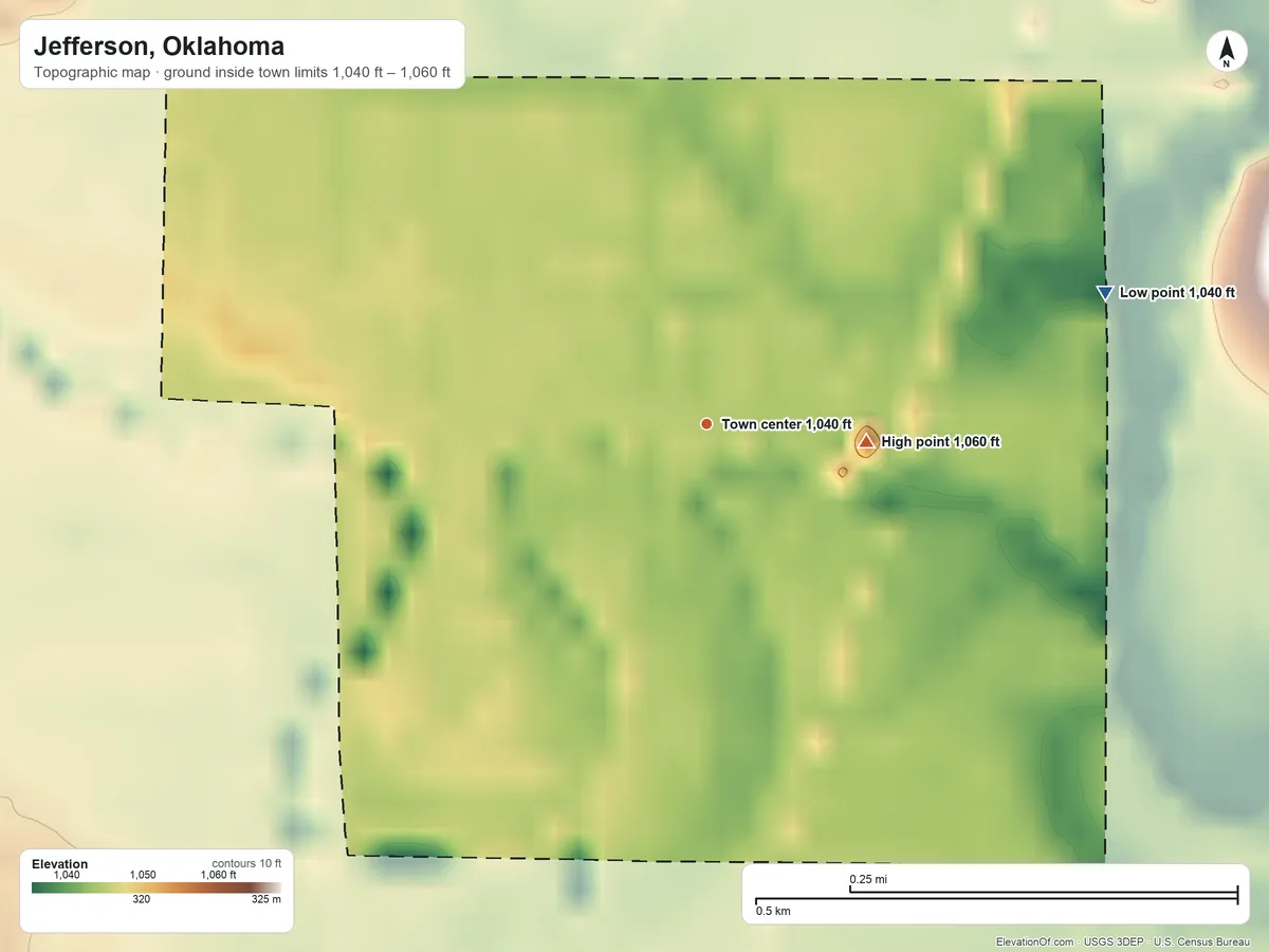 Topographic elevation map of Jefferson, Oklahoma, shaded from 1,040 ft on the east side to 1,060 ft on the east side