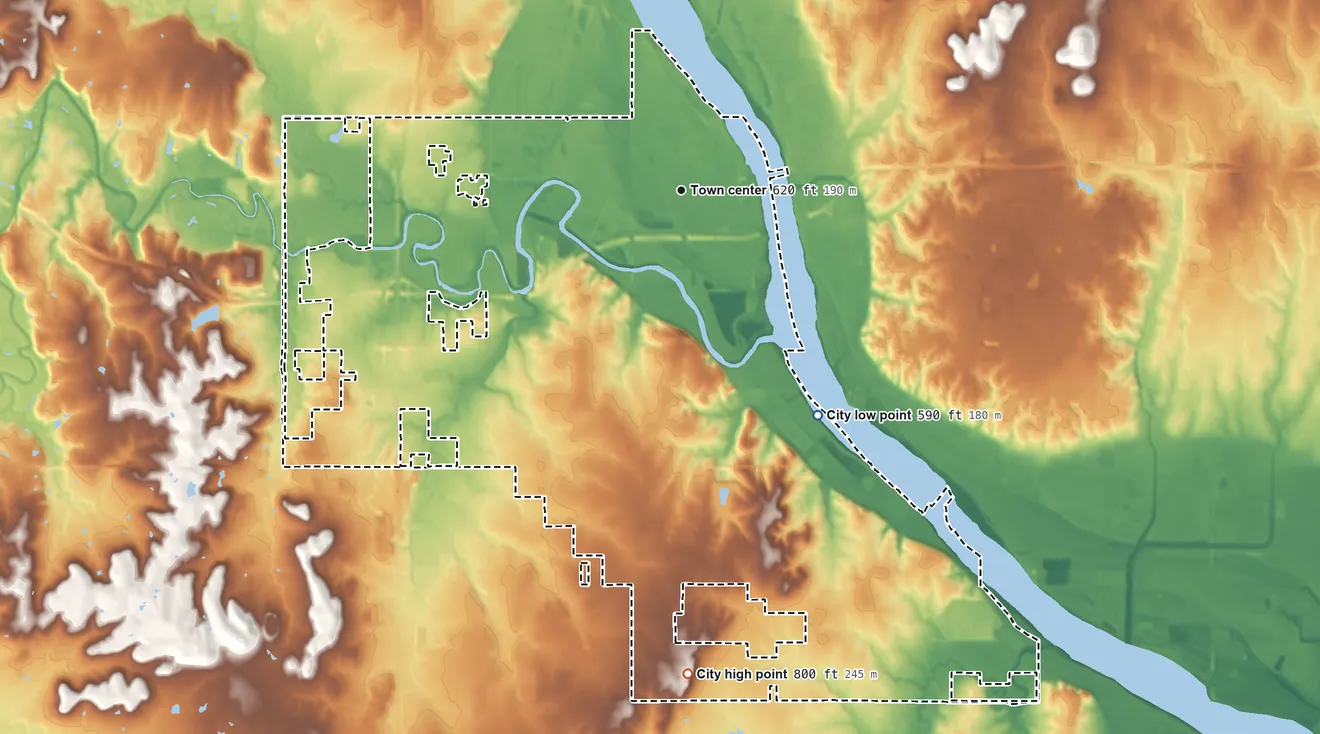 Topographic elevation map of Jenks, Oklahoma, shaded from 590 ft on the southeast side to 800 ft on the south side