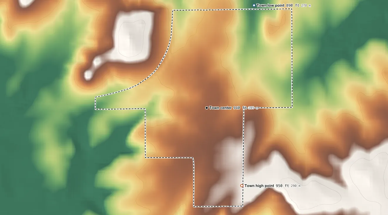Topographic elevation map of Jennings, Oklahoma, shaded from 890 ft on the northeast side to 950 ft on the southeast side