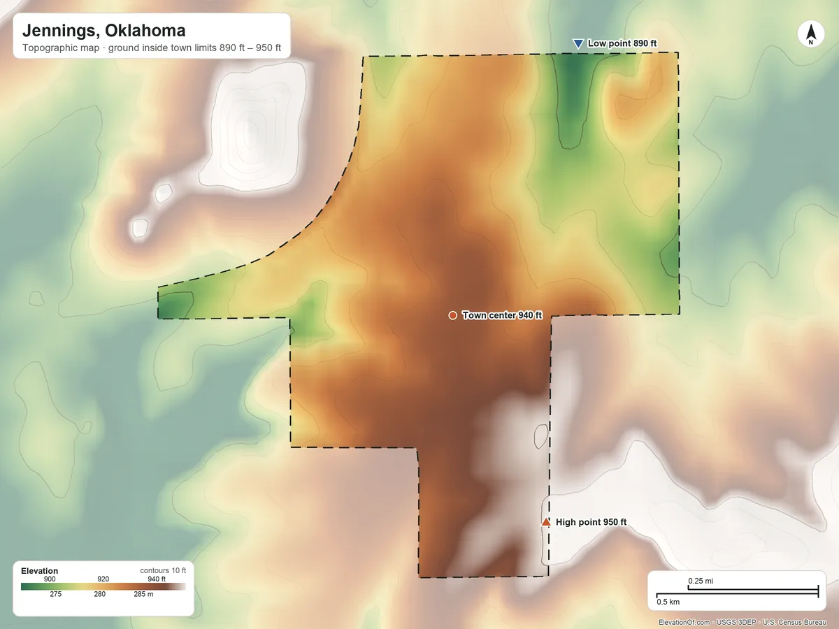 Topographic elevation map of Jennings, Oklahoma, shaded from 890 ft on the northeast side to 950 ft on the southeast side