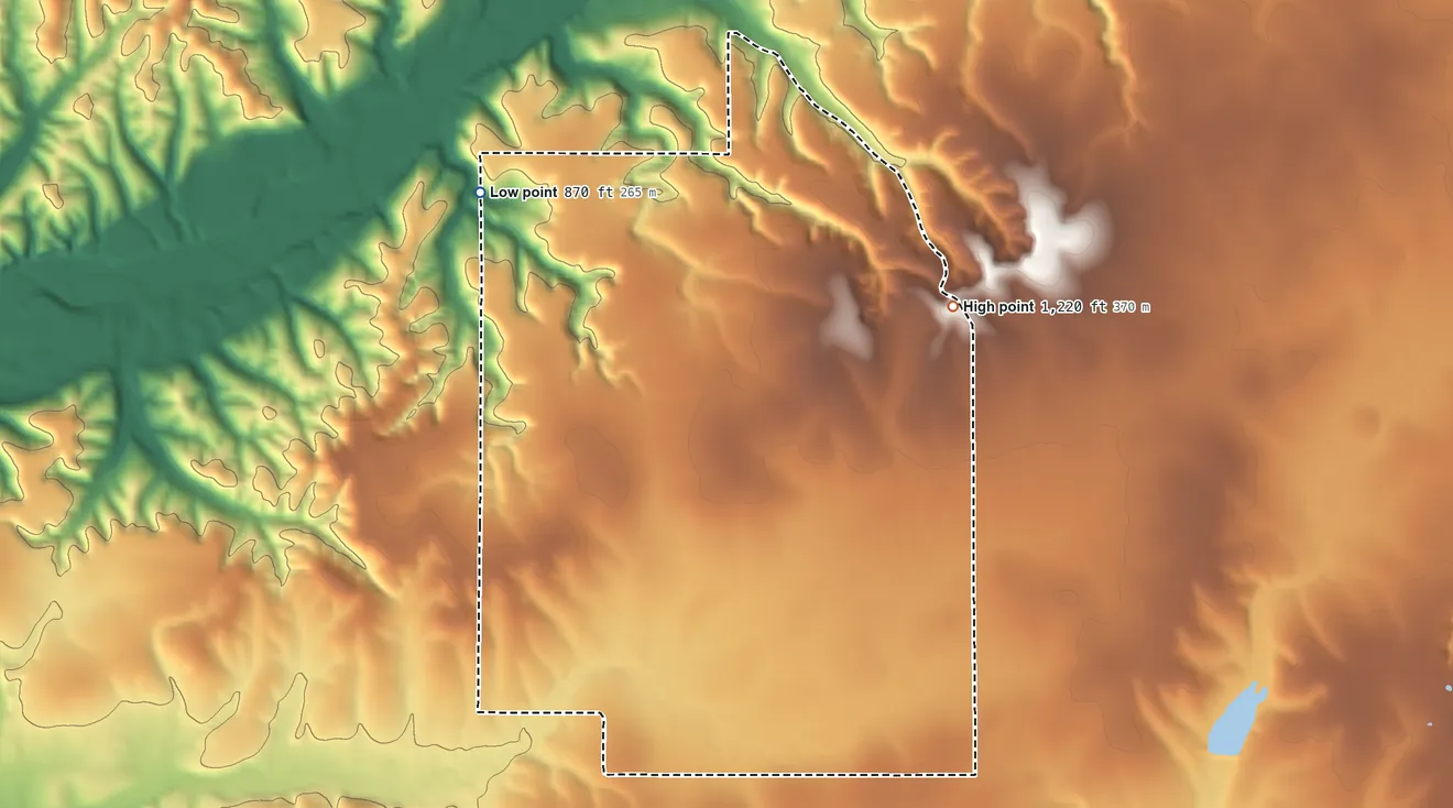 Topographic elevation map of Johnson Prairie, Oklahoma, shaded from 870 ft on the north side to 1,220 ft on the northeast side