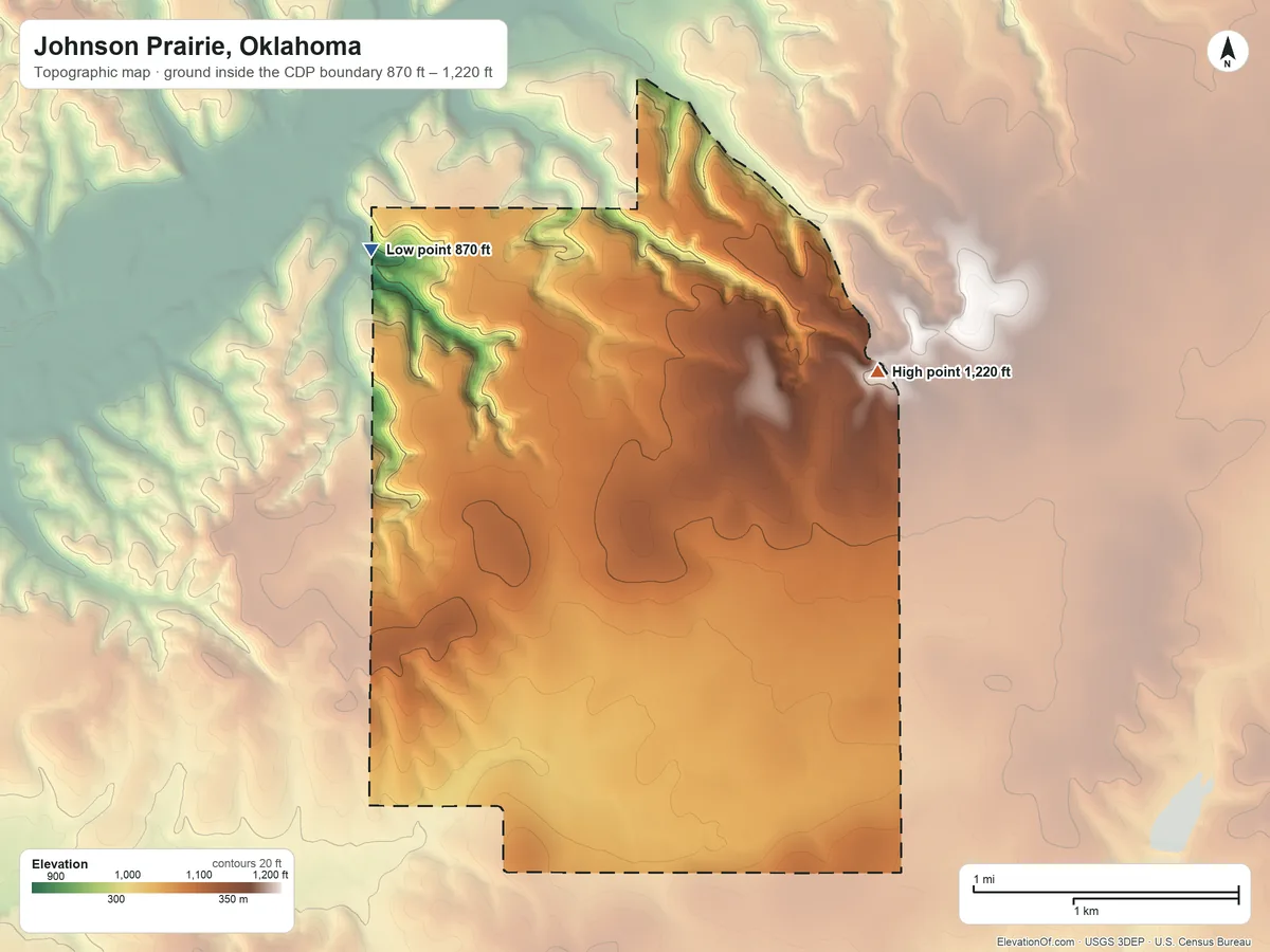 Topographic elevation map of Johnson Prairie, Oklahoma, shaded from 870 ft on the north side to 1,220 ft on the northeast side