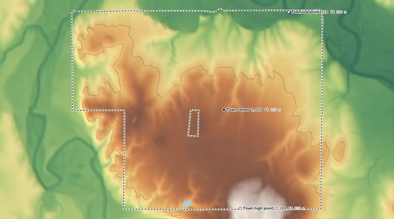 Topographic elevation map of Johnson, Oklahoma, shaded from 910 ft on the northeast side to 1,100 ft on the south side