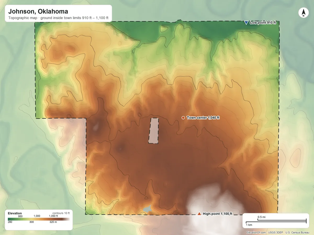 Topographic elevation map of Johnson, Oklahoma, shaded from 910 ft on the northeast side to 1,100 ft on the south side