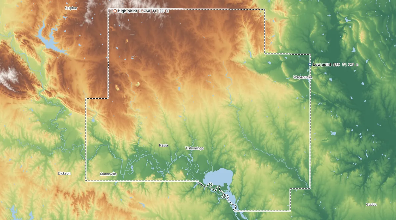 Topographic elevation map of Johnston County, Oklahoma, shaded from 580 ft on the east side to 1,250 ft on the northwest side