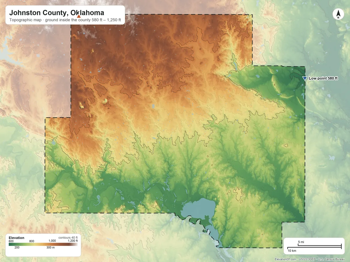 Topographic elevation map of Johnston County, Oklahoma, shaded from 580 ft on the east side to 1,250 ft on the northwest side