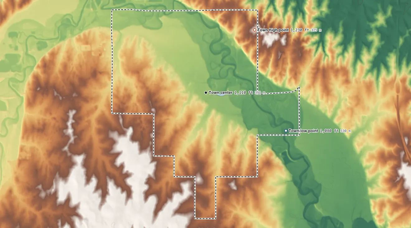 Topographic elevation map of Jones, Oklahoma, shaded from 1,080 ft on the southeast side to 1,230 ft on the northeast side