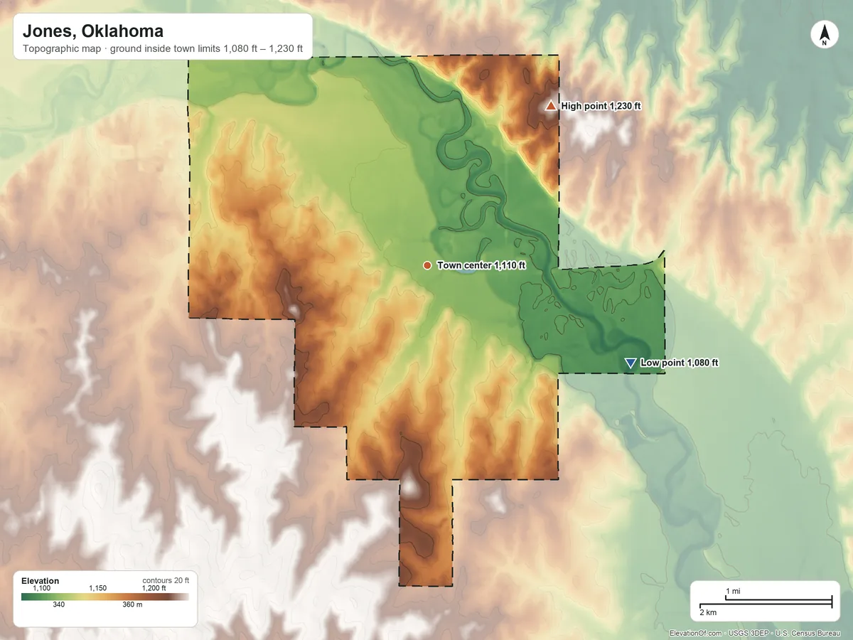 Topographic elevation map of Jones, Oklahoma, shaded from 1,080 ft on the southeast side to 1,230 ft on the northeast side