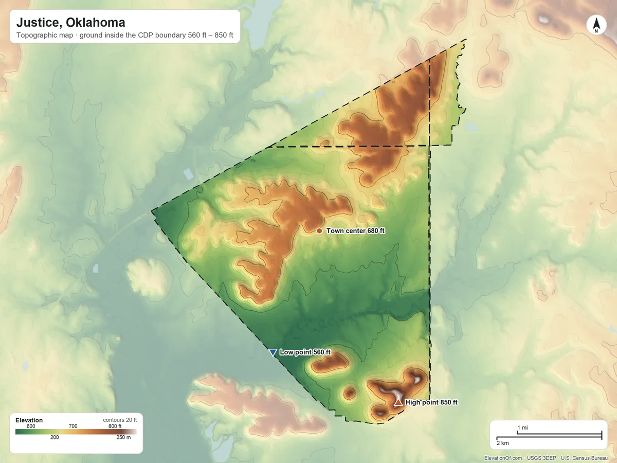 Topographic elevation map of Justice, Oklahoma, shaded from 560 ft on the south side to 850 ft on the southeast side