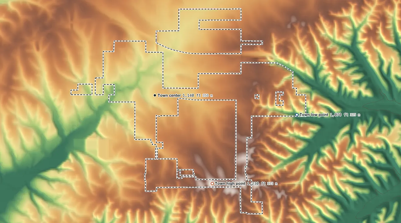 Topographic elevation map of Kansas, Oklahoma, shaded from 1,070 ft on the east side to 1,230 ft on the southeast side