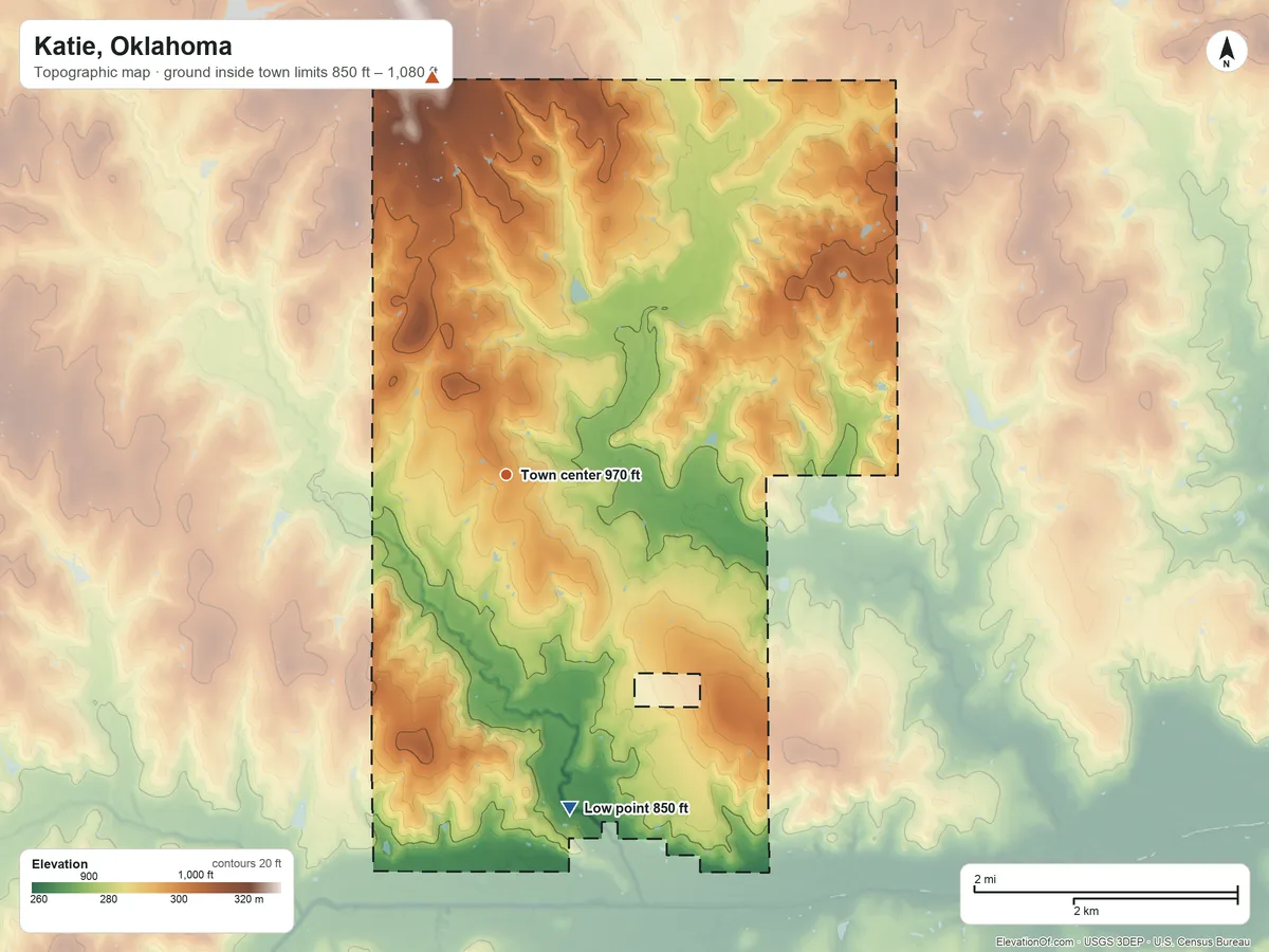 Topographic elevation map of Katie, Oklahoma, shaded from 850 ft on the south side to 1,080 ft on the north side