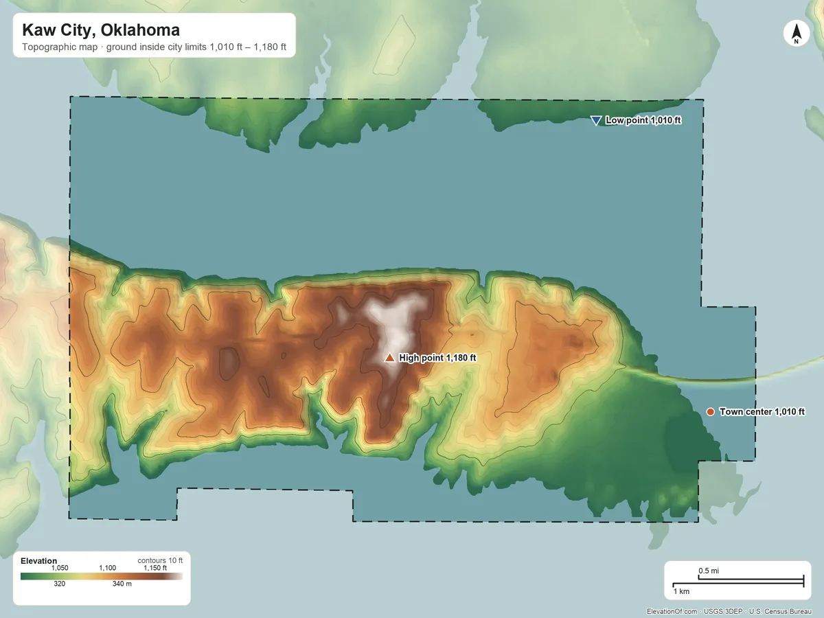 Topographic elevation map of Kaw City, Oklahoma, shaded from 1,010 ft on the north side to 1,180 ft on the west side