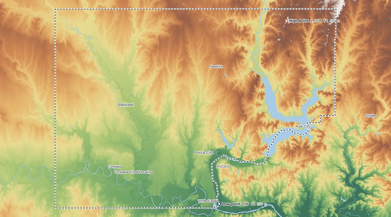 Topographic elevation map of Kay County, Oklahoma, shaded from 890 ft on the south side to 1,310 ft on the northeast side