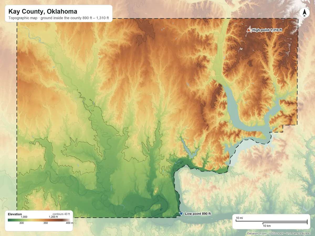Topographic elevation map of Kay County, Oklahoma, shaded from 890 ft on the south side to 1,310 ft on the northeast side