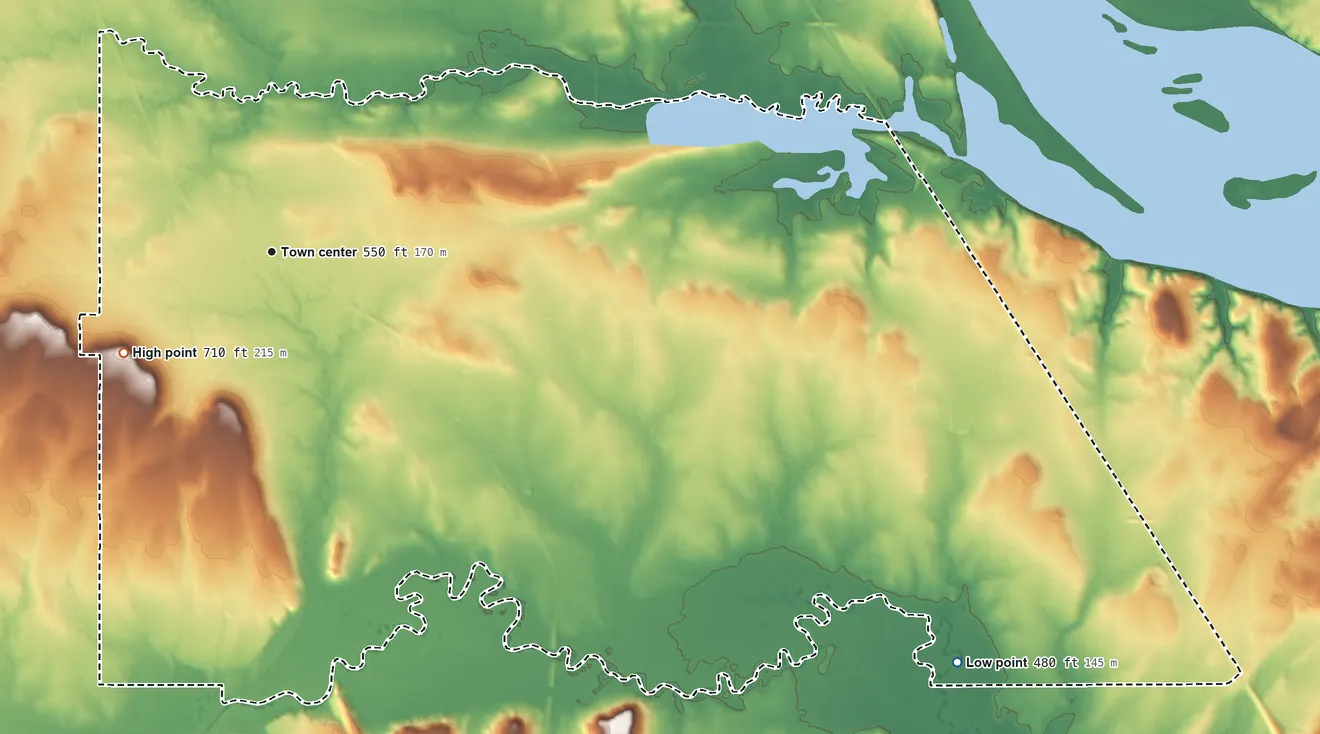 Topographic elevation map of Keefton, Oklahoma, shaded from 480 ft on the southeast side to 710 ft on the southwest side