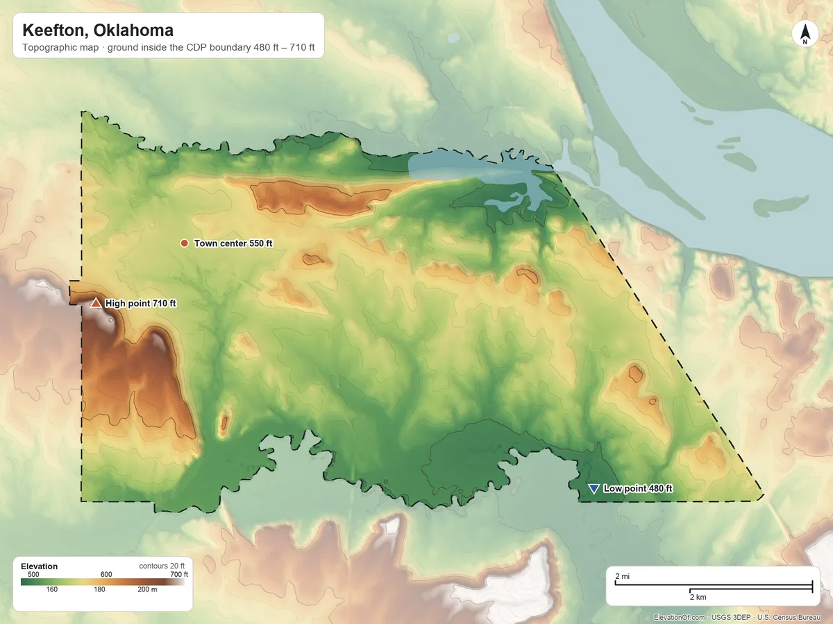 Topographic elevation map of Keefton, Oklahoma, shaded from 480 ft on the southeast side to 710 ft on the southwest side