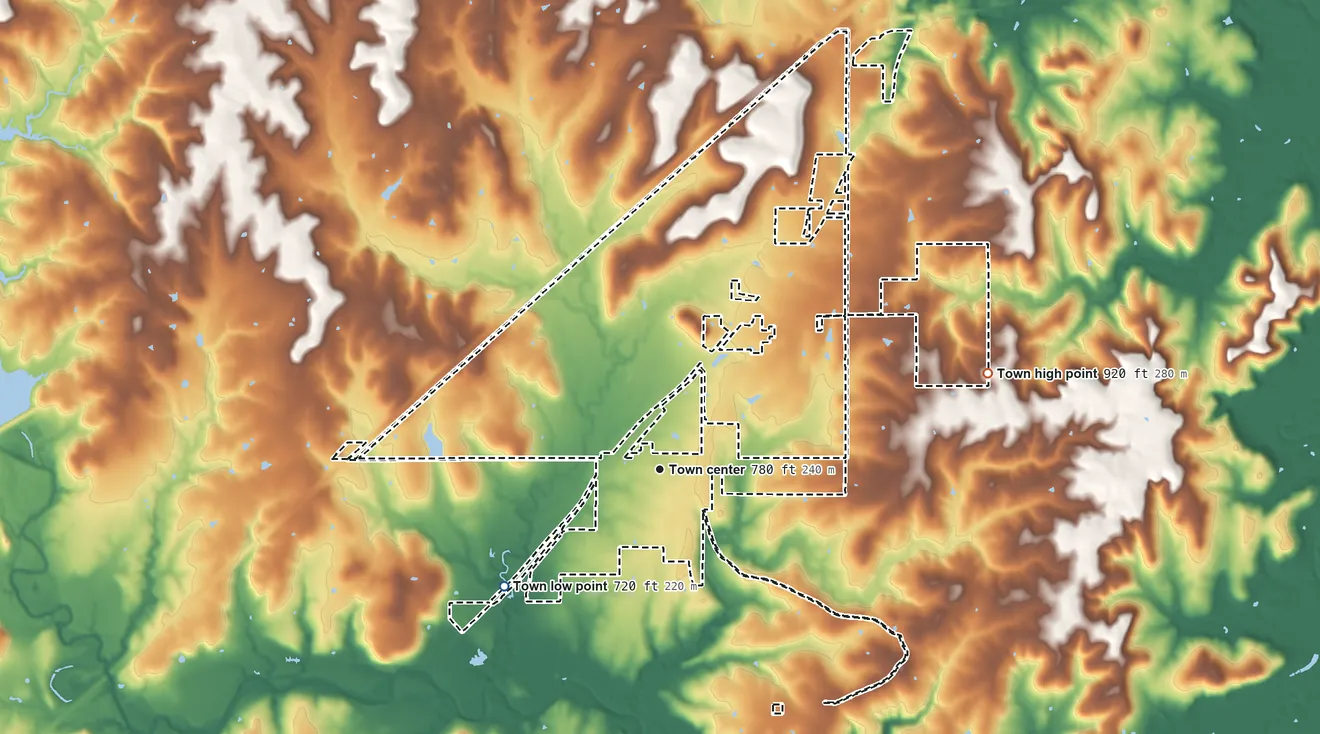 Topographic elevation map of Kellyville, Oklahoma, shaded from 720 ft on the southwest side to 920 ft on the east side