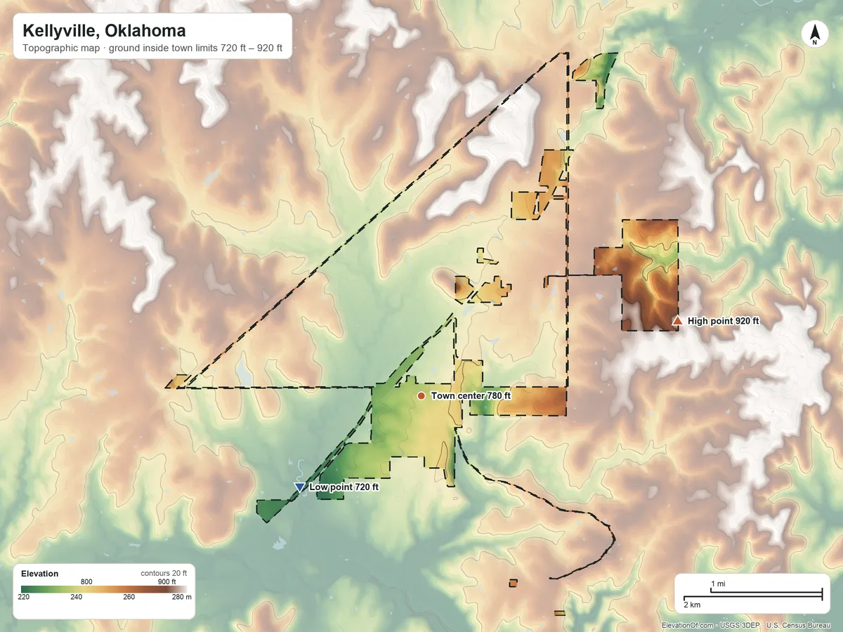 Topographic elevation map of Kellyville, Oklahoma, shaded from 720 ft on the southwest side to 920 ft on the east side