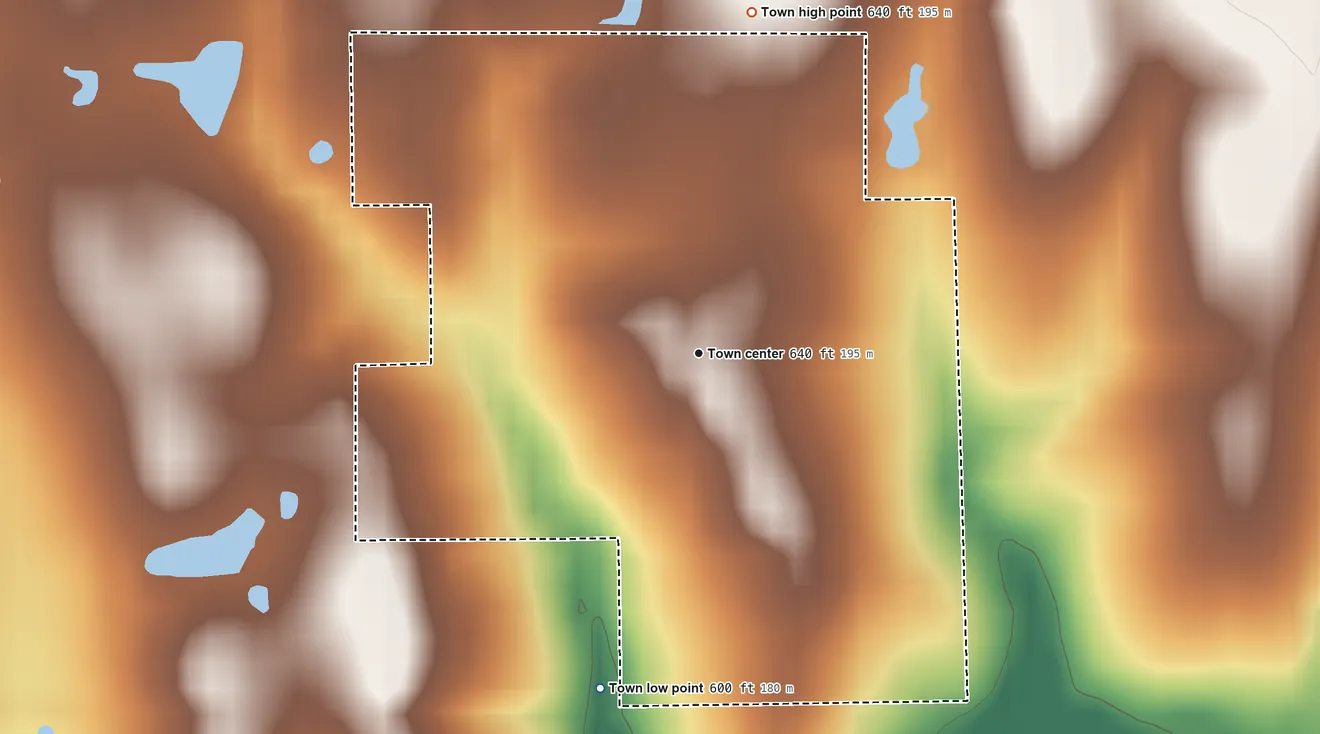 Topographic elevation map of Kemp, Oklahoma, shaded from 600 ft on the south side to 640 ft on the north side
