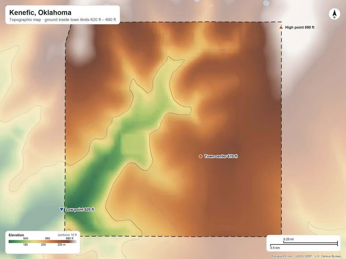 Topographic elevation map of Kenefic, Oklahoma, shaded from 620 ft on the west side to 690 ft on the northeast side