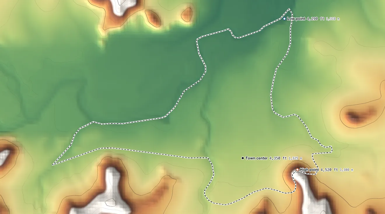 Topographic elevation map of Kenton, Oklahoma, shaded from 4,290 ft on the north side to 4,520 ft on the east side